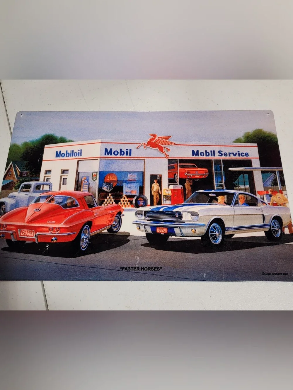 Mobil 'Faster Horses' Vintage Gas Station Wall Art - Red, Blue, White